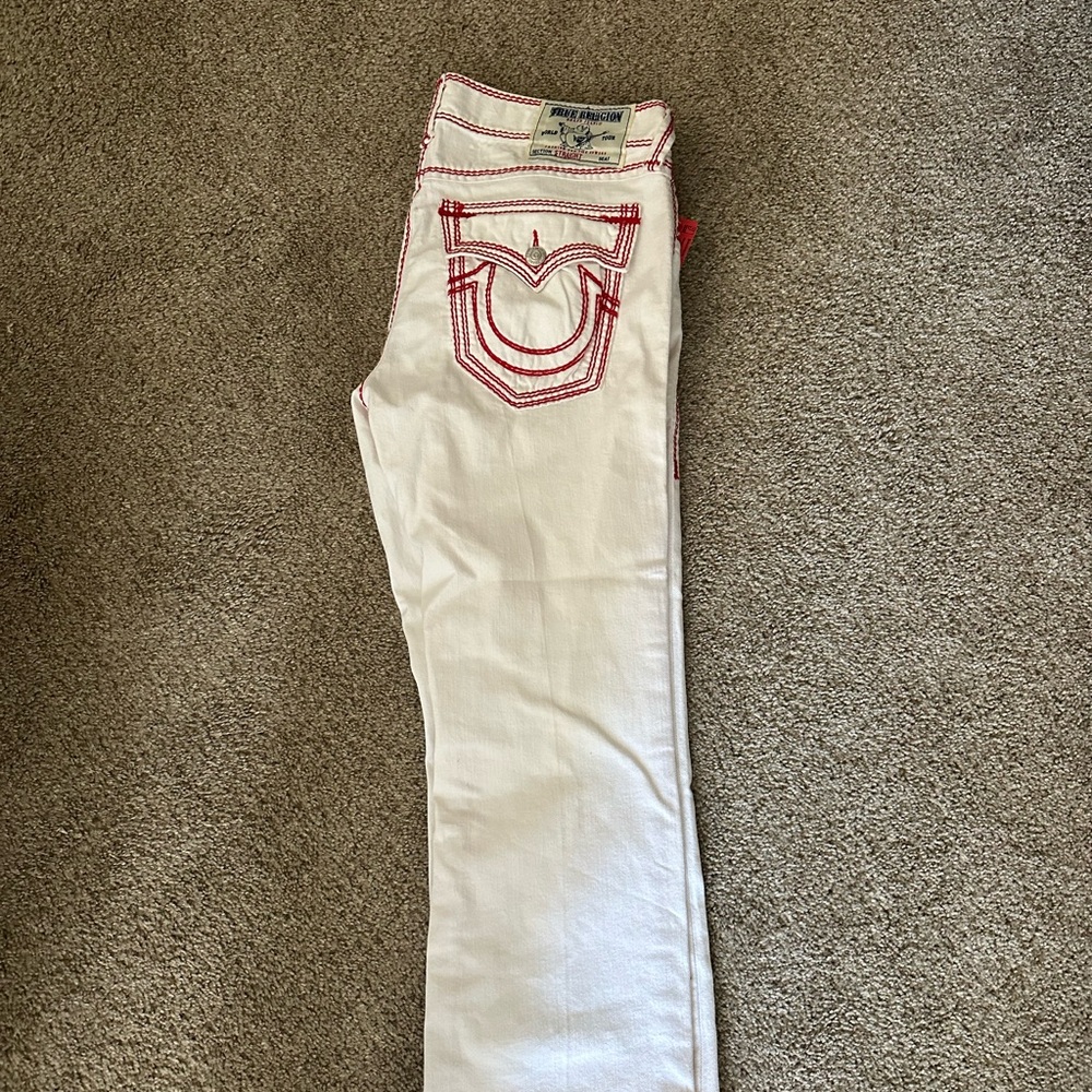 True Religion Women's Straight Leg Jeans in White with Red Accents